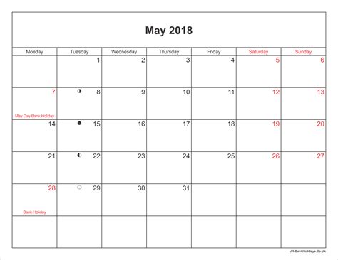 May 2018 Calendar Printable With Bank Holidays Uk