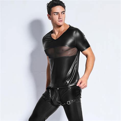 Erotic Lingerie Wetlook Faux Leather Mens Tops Undershirts Sexy Short