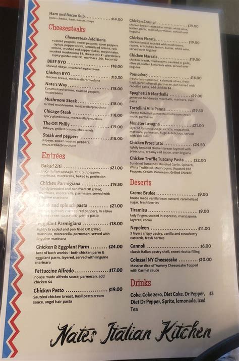 Menu at Nate's Italian Kitchen restaurant, Tucson