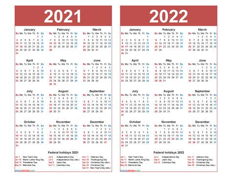 Free 2021 And 2022 Calendar Printable With Holidays