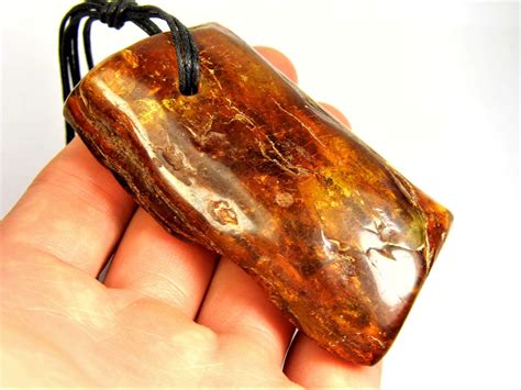 Natural Genuine Real Baltic Amber Stone Pendant Necklace With Fossil