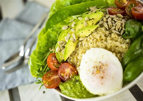 Quinoa Breakfast Bowl With Poached Egg Avocado And Pesto Love Food Nourish