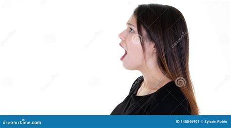 Closeup Side View Profile Portrait Young Woman Talking Yelling With