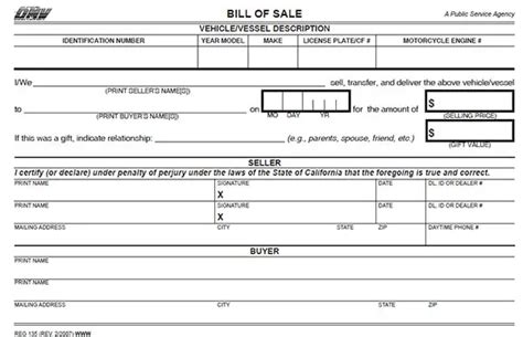California Bill Of Sale Form