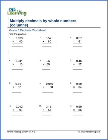 Here you will find a wide range of mental maths worksheets aimed at year 6 the questions have been designed to practise a range of maths skills from number to geometry and measurement facts, including using time and money. Grade 6 math worksheet - Decimals: multiplying decimals by whole numbers in columns | K5 Learning