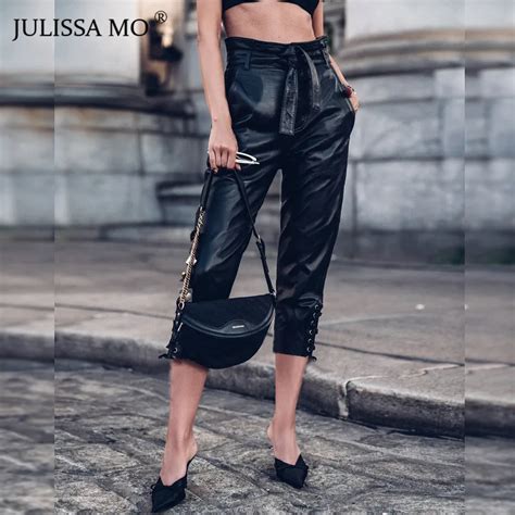 julissa mo black pu leather bandage pants women sexy high waist bodycon harem pants autumn