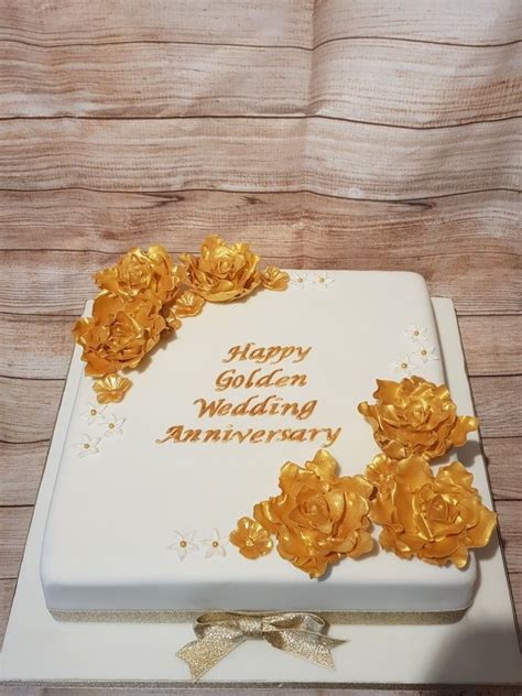 Golden Wedding Anniversary Gold Roses Flower Square Cake 50 Years