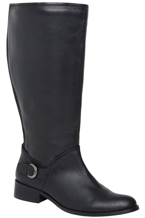 Black Leather Knee High Riding Boots With Buckle Trim And Xxl Ca In Eee