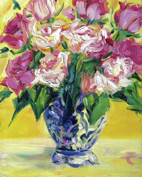 Pink Roses In Blue Deft Vase Painting By Jacki Kellum Pixels