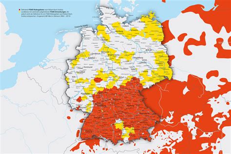 Karte zeigt risikogebiete in deutschland. Robert Koch-Institut meldet: FSME-Risikogebiete in ...
