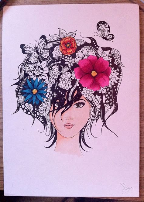 Drawing Of A Woman Whit Floral Hair On A4 Size Paper Used Materials