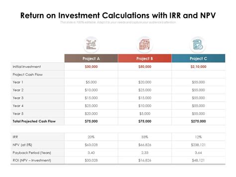 Return On Investment Calculations With Irr And Npv Powerpoint Slides