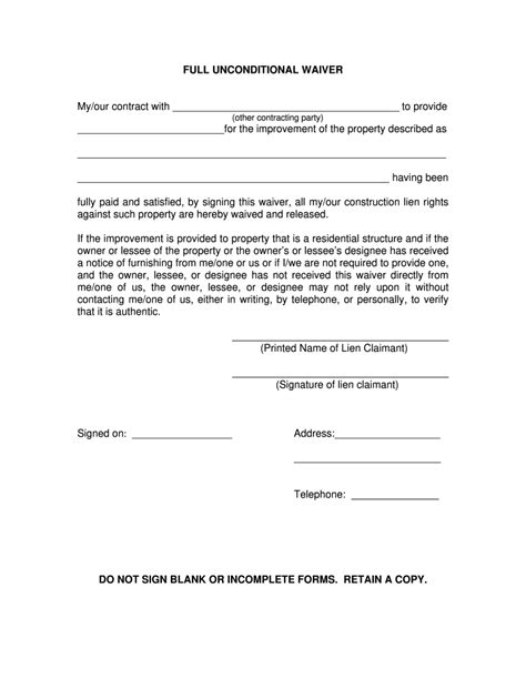 Free Printable Lien Waiver Form Customize And Print