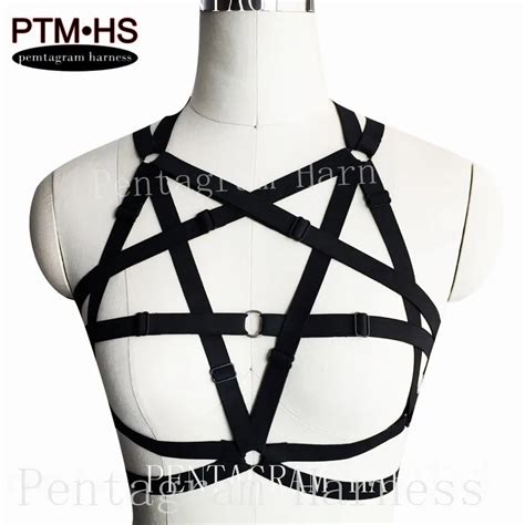 pentagram harness bondage body cage bra elastic adjust strappy tops halter goth sexy black