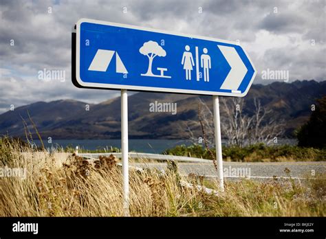 A Road Sign For A Campsite And Picnic Area In New Zealand Stock Photo