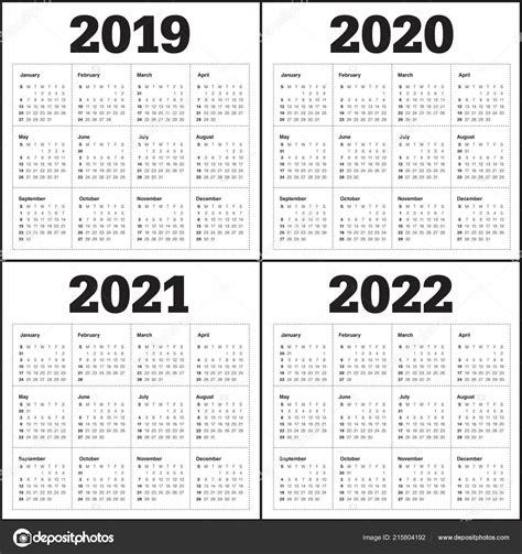 Year 2019 2020 2021 2022 Calendar Vector Design Template Simple ⬇