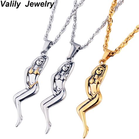 Valily Mens Necklace Sexy Naked Women Design Pendant Necklace Stainless Steel Fashion Gold Women