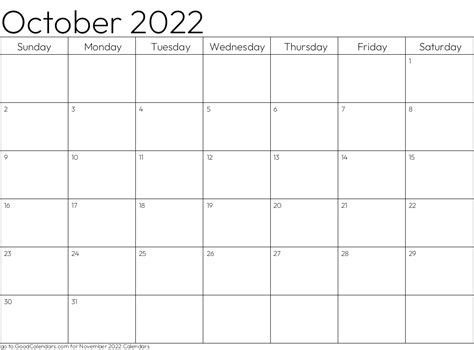 Standard October 2022 Calendar Template In Landscape