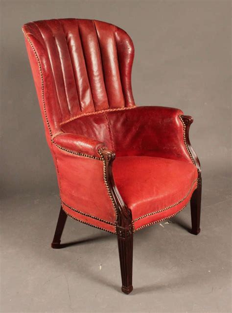 Old antique style queen anne wingback fireside red leather chesterfield armchair. Antique Mahogany Barrel Back Wing Chair at 1stdibs