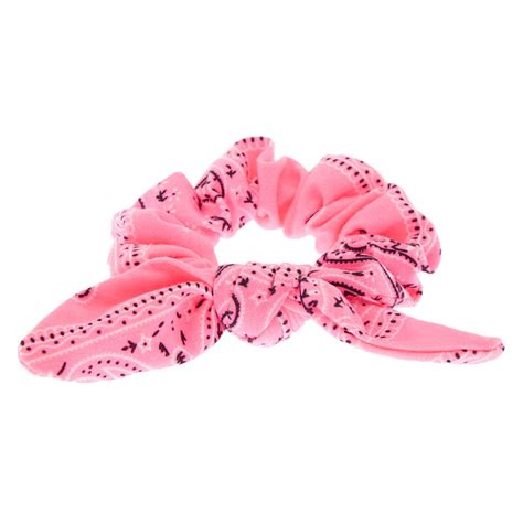 Bandana Knotted Bow Hair Scrunchie Neon Pink Claires Us