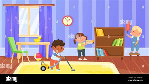 Cartoon Kids Doing Housework In Living Room Boy Vacuuming Carpet With