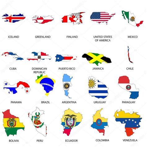 Illustrated Outlines Of Countries With Flag Inside Stock Editorial