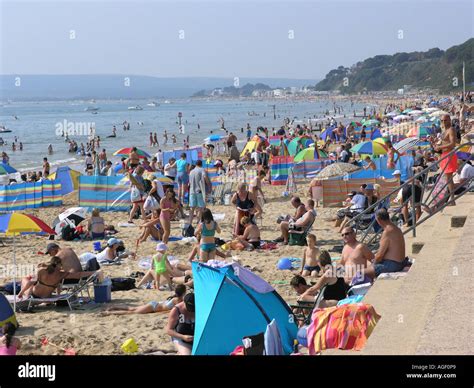 Bournemouth Seaside Town Busy Beach Summer In Dorset Southern England