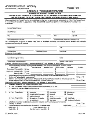 Employment practices liability (epl) insurance protects businesses against certain costs and liabilities linked to various types of lawsuits. Fillable Online Admiral Insurance Company EPL Application - Cavalry Insurance Fax Email Print ...