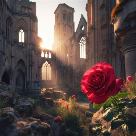 Una flor en un edificio en ruinas con el sol brillando a través de la