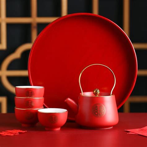 Oriental Double Happiness Wedding Ceramic Tea Set Red Teapot Etsy