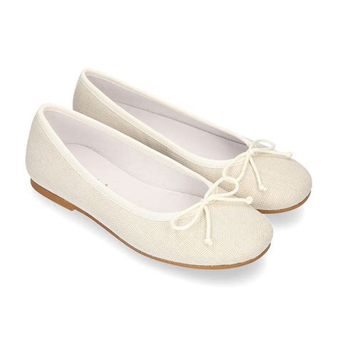Classic Girl Ballet Flats In Ceremony Linen To Dress With Adjustable