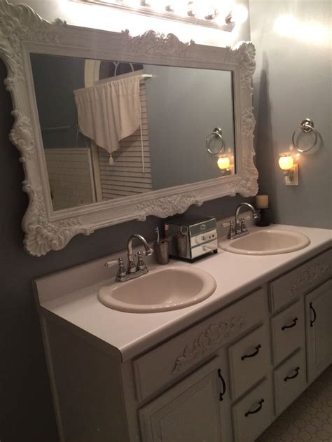 This is not a one day project but the results are worth the time :) you will need 1x4 mdf (32 ft) 1/2 birch plywd trim (40 ft) baseboard (3. Large framed mirror over bathroom vanity | Large framed ...