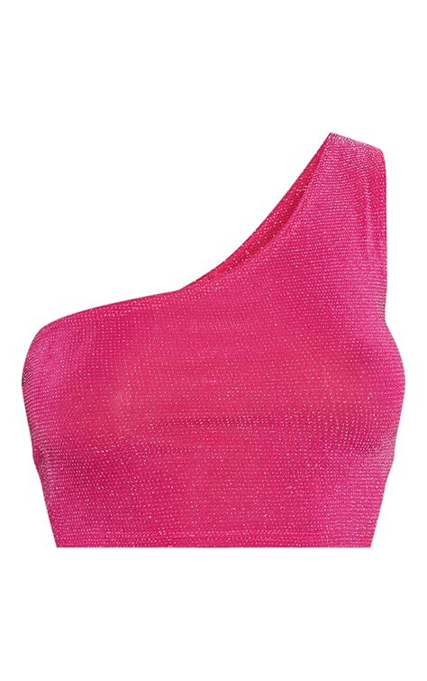 Hot Pink Glitter One Shoulder Crop Top Tops Prettylittlething Ca