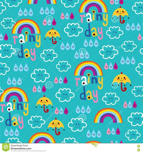 Rainy Day Clouds Rainbows Umbrellas Raindrops Sky Seamless Pattern