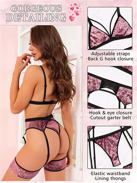 Popiv Women Sexy Lingerie Strappy Lace Garter Lingerie Sets High