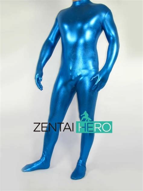 Free Shipping Sexy Unisex Unitard Bodysuit Shiny Metallic Zentai Catsuit Men Blue Unitard
