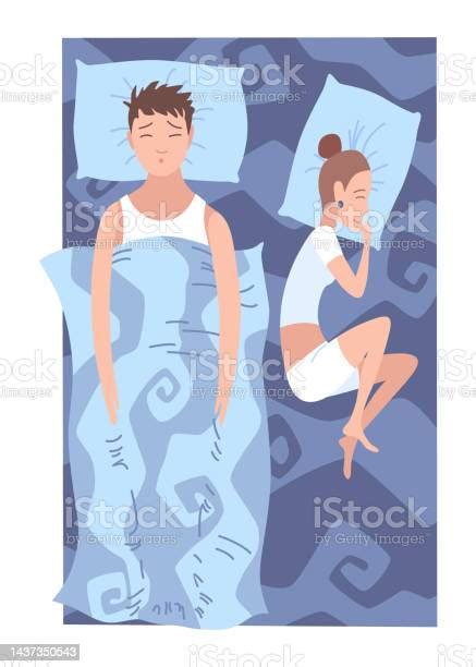 Sleep Peoples On Bed Characters Lying Posture During Night Slumber Top View Asleep Couple At