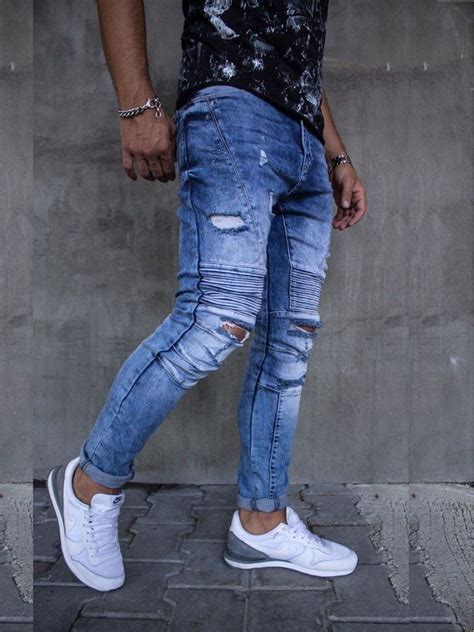 2y Men Slim Fit Ripped Destroyed Biker Jeans Blue Casual Fashion