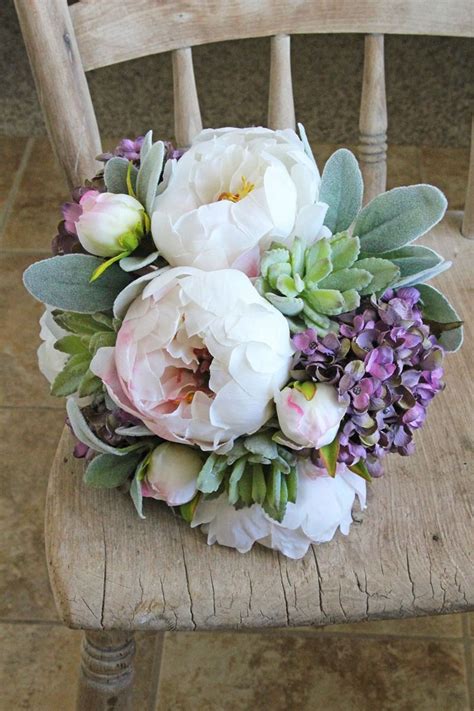 White Peony And Lavender Hydrangea Succulent Wedding Bouquet By