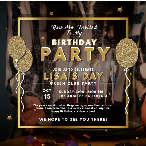 Snapchat geofilter template for a birthday party invitation. Gold Birthday Party Invitation Video Template | PosterMyWall