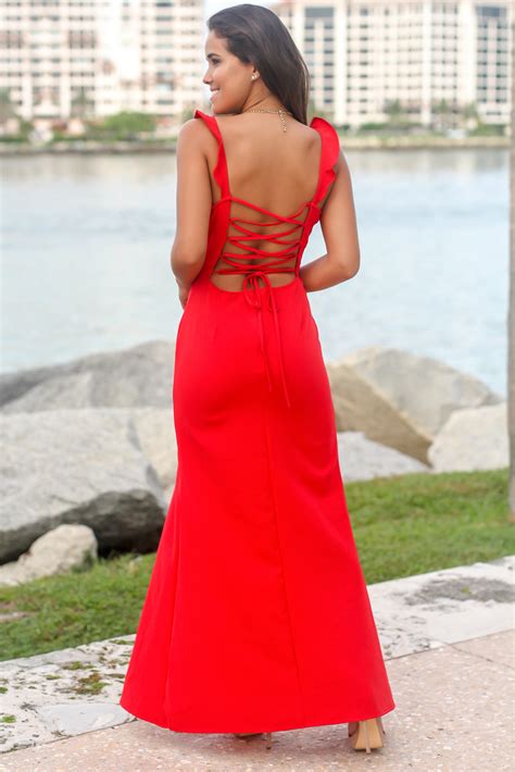 Red Maxi Dress With Lace Up Back Maxi Dresses Saved By The Dress