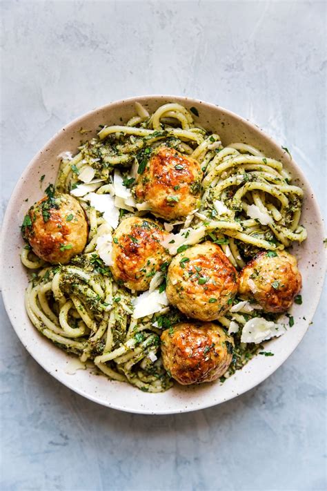 The pesto adds a vibrant layer of flavor and richness to this silky, smooth, and creamy pasta. Baked Chicken Meatballs with Broccoli Pesto Pasta | Recipe ...