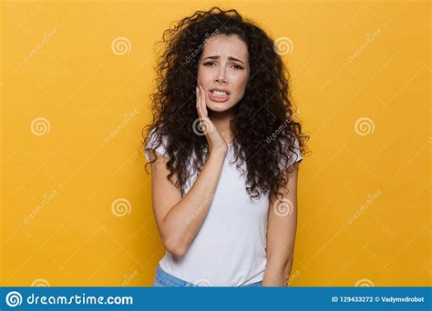 Displeased Woman With Toothache Isolated Over Yellow Background. Stock Photo - Image of isolated ...