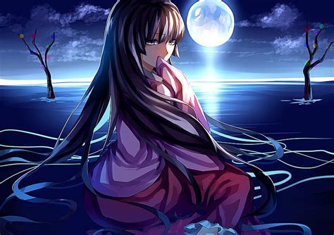 Houraisan Kaguya Touhou Luna Kimono Noche Agua Pelo Largo Anime Fondo De Pantalla Hd