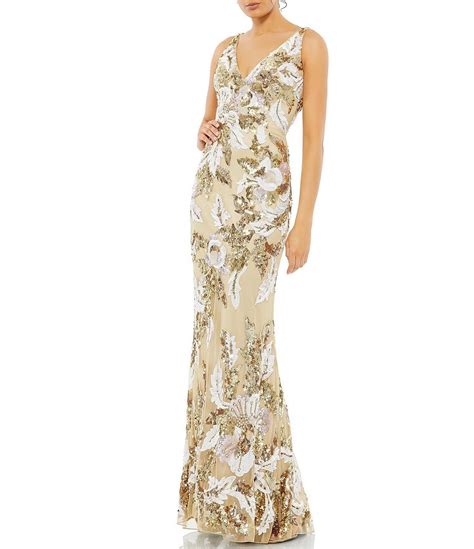 Mac Duggal Sequin Floral Embellished V Neck Sleeveless V Back Gown