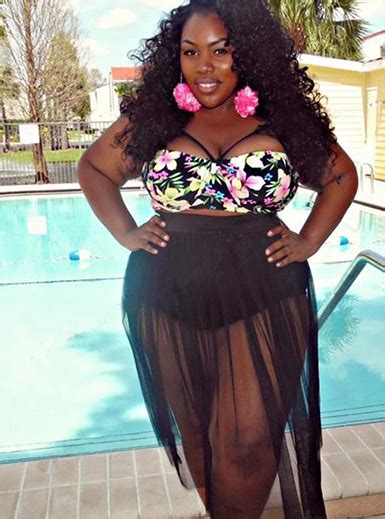 Plus Size Bathing Suit Semi Sheer Long Skirt Floral Top Black