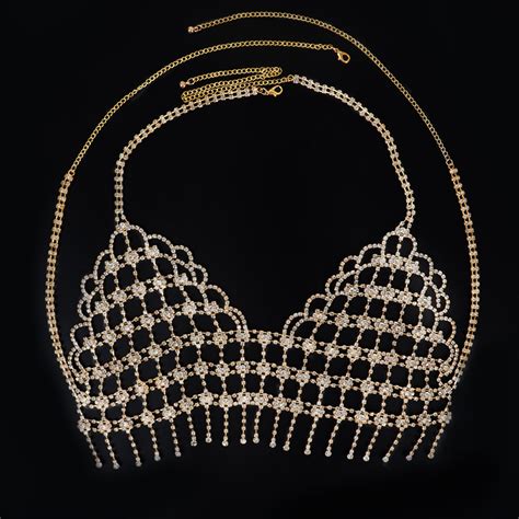 Sexy Women Bikini Jewelry Mesh Rhinestone Sliver Tassel Body Chain Nightclub Exaggerated Diamond