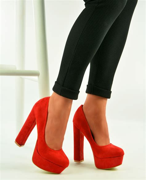 New Womens Ladies Red Suede Platforms High Block Heels Sandals Shoes