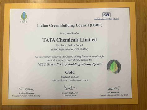 Tata Chemicals Mambattu Facility Recognised With Gold IGBC Certification For Green Practices