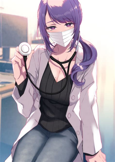 1196360 Mask Purple Hair Frontal View Anime Girls Doctors Cleavage Purple Eyes Face Mask